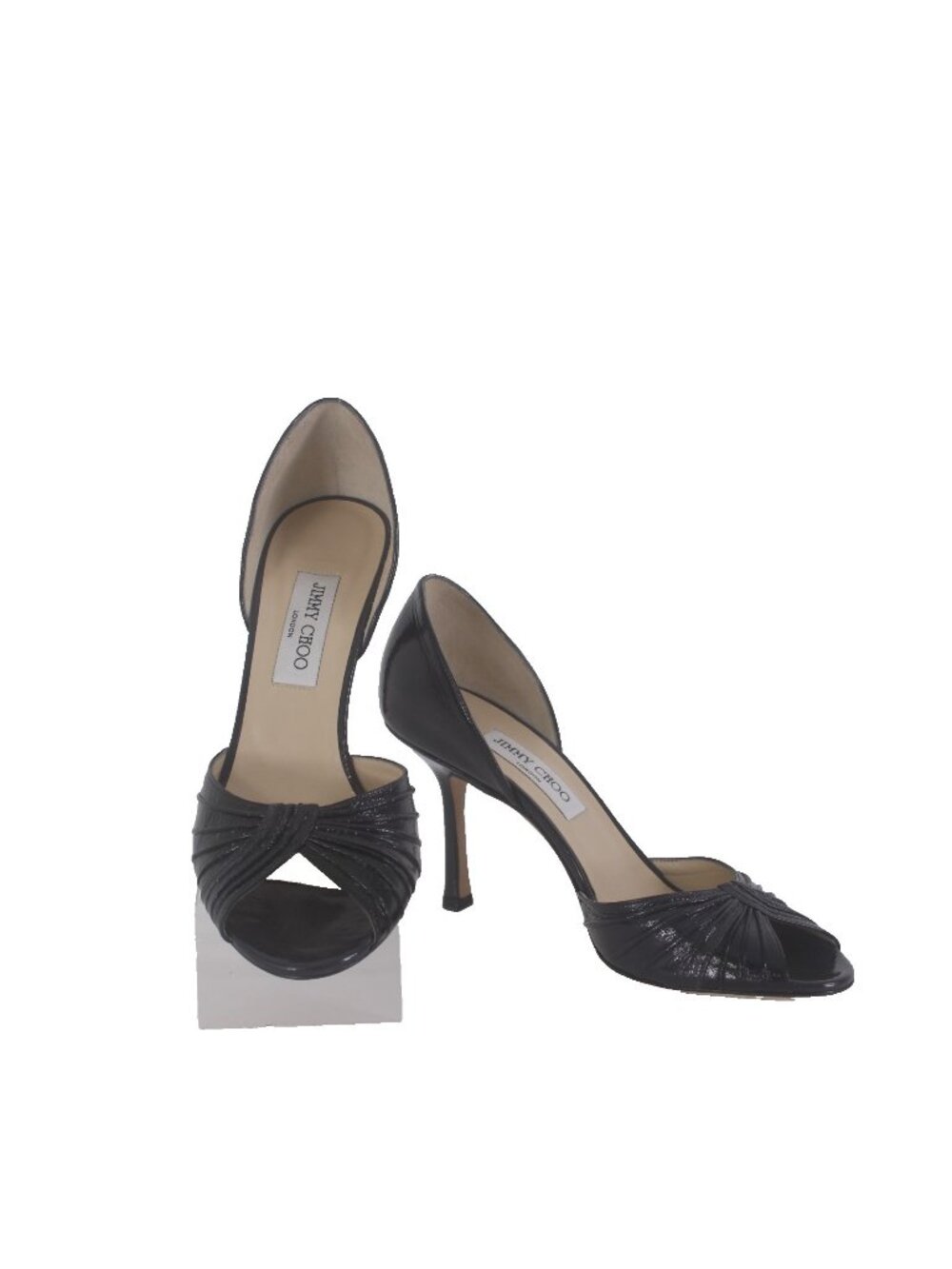 Jimmy Choo Heels Sz 39.5 Black Peep Toe Micro Gathered Leather 3.5" AS IS Heels